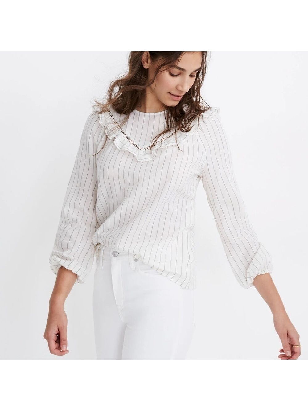 Madewell Ruffle-Yoke Prairie Top in Pinstripe Long Sleeve Blouse, size XS